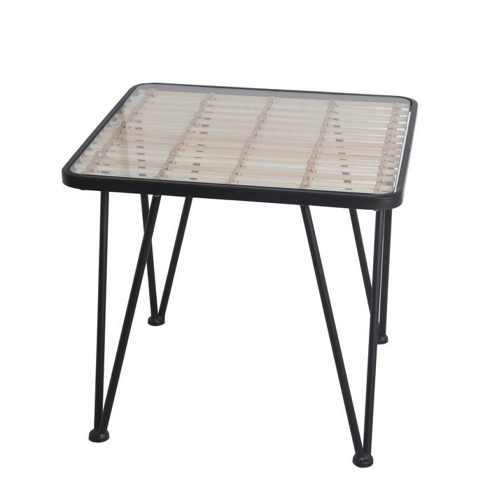 Metal and Glass Accent Table with Slatted Bamboo Top,Small, Black and Clear
