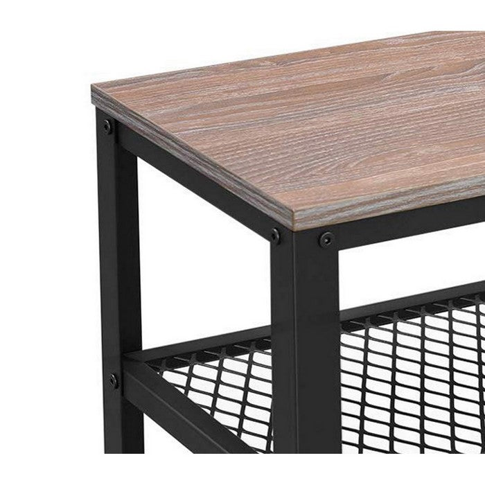 Wooden Top Shoe Bench with 2 Open Metal Mesh Shelves, Rustic Brown and Black
