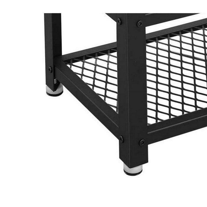 Wooden Top Shoe Bench with 2 Open Metal Mesh Shelves, Rustic Brown and Black