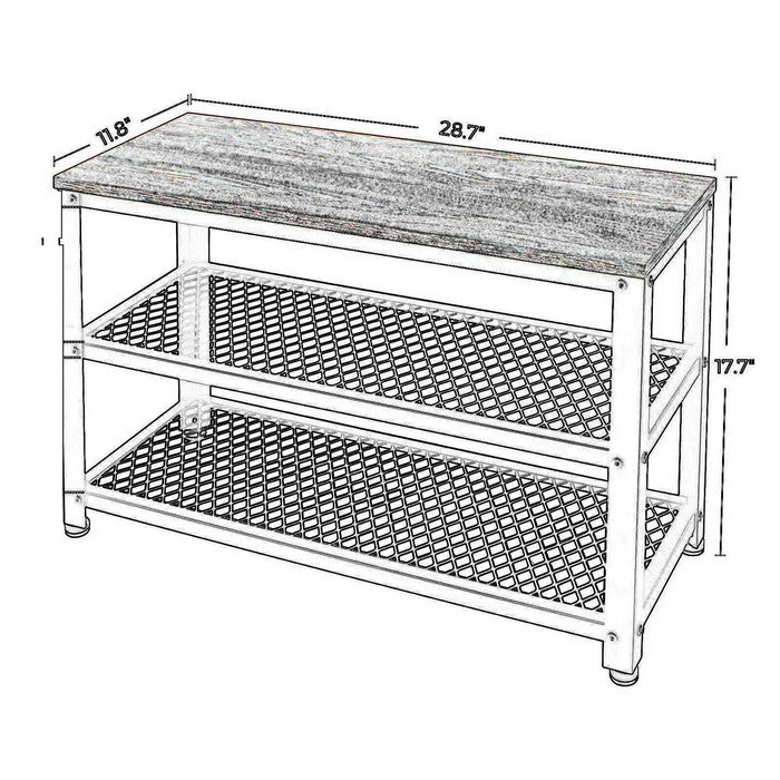 Wooden Top Shoe Bench with 2 Open Metal Mesh Shelves, Rustic Brown and Black