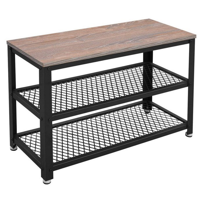 Wooden Top Shoe Bench with 2 Open Metal Mesh Shelves, Rustic Brown and Black