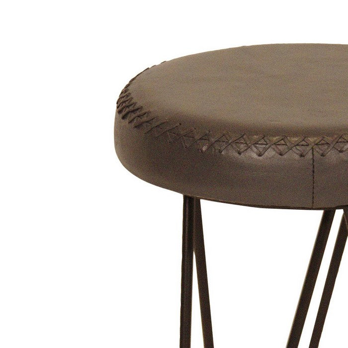 Leatherette Round Backless Stool with Hairpin Metal Legs, Dark Brown