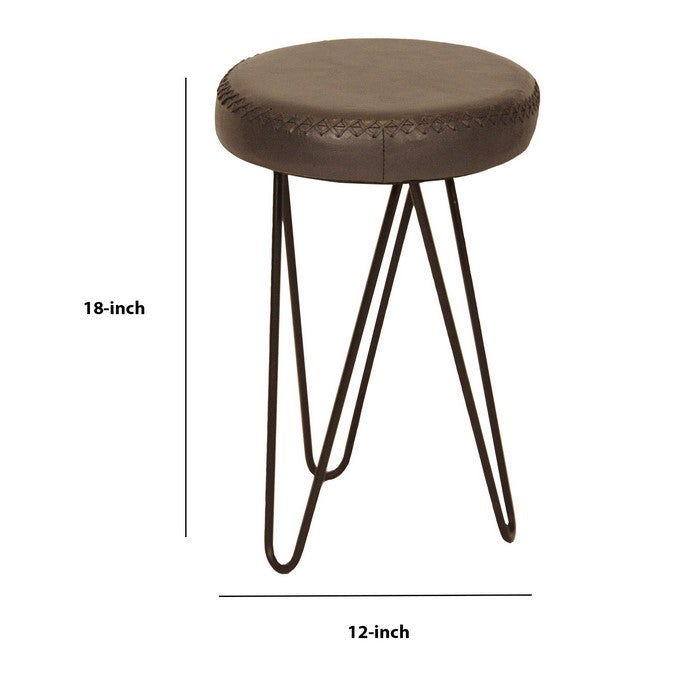 Leatherette Round Backless Stool with Hairpin Metal Legs, Dark Brown