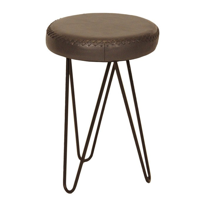 Leatherette Round Backless Stool with Hairpin Metal Legs, Dark Brown