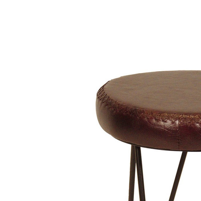 Leatherette Round Backless Stool with Hairpin Metal Legs, Cherry Brown
