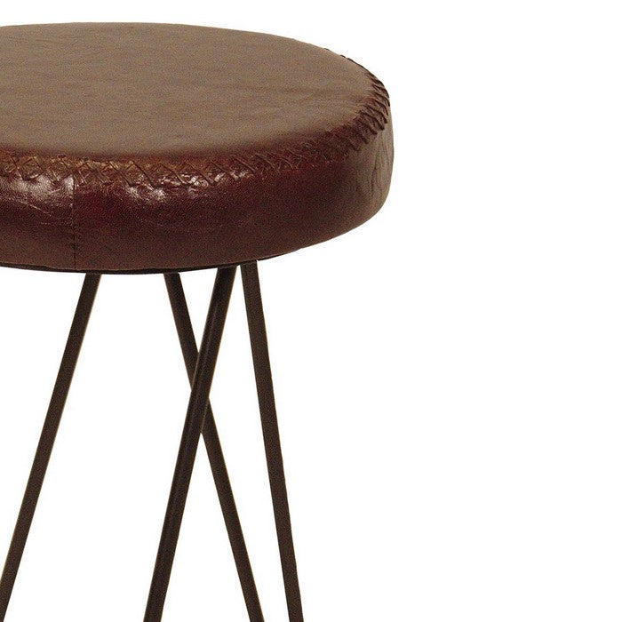 Leatherette Round Backless Stool with Hairpin Metal Legs, Cherry Brown
