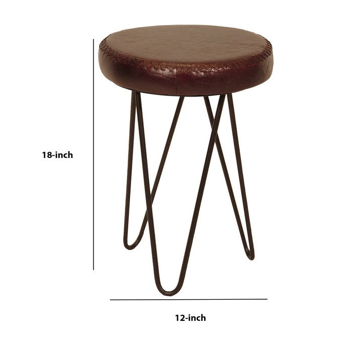 Leatherette Round Backless Stool with Hairpin Metal Legs, Cherry Brown