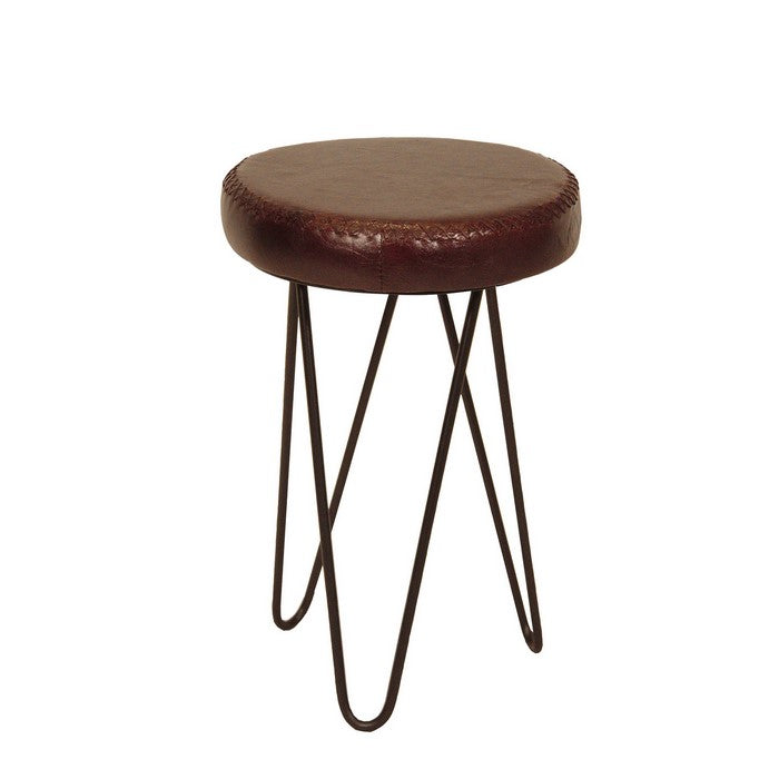 Leatherette Round Backless Stool with Hairpin Metal Legs, Cherry Brown