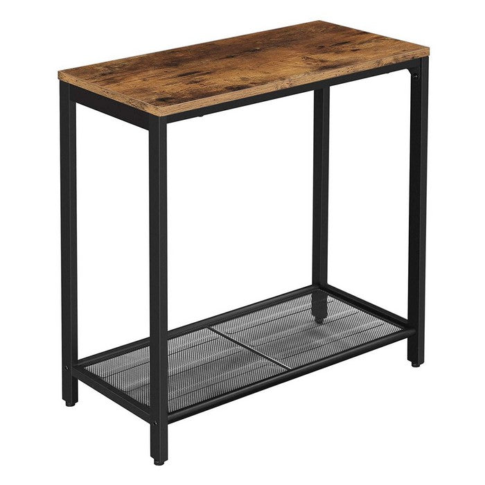 Industrial Wood and Metal Side Table with Open Mesh Shelf, Brown and Black