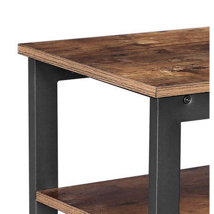 Industrial Side Table with 1 Wooden and 1 Metal Mesh Shelf, Brown and Black