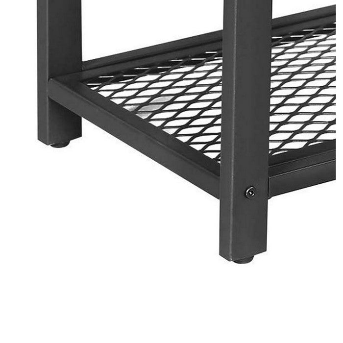 Industrial Side Table with 1 Wooden and 1 Metal Mesh Shelf, Brown and Black