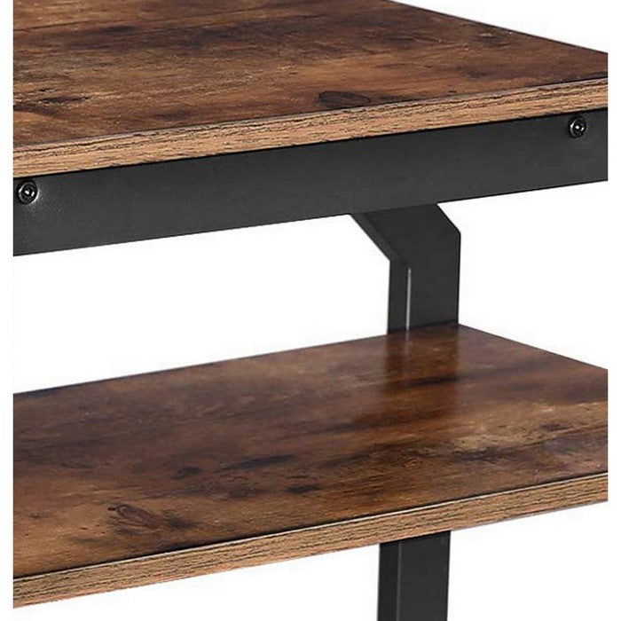 Industrial Side Table with 1 Wooden and 1 Metal Mesh Shelf, Brown and Black