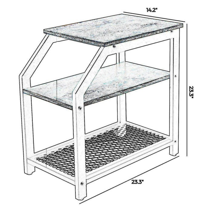 Industrial Side Table with 1 Wooden and 1 Metal Mesh Shelf, Brown and Black