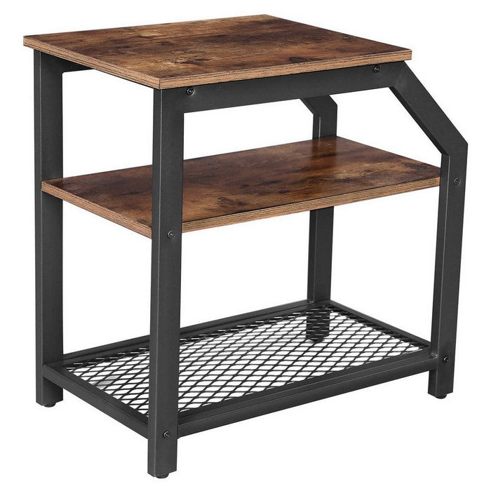 Industrial Side Table with 1 Wooden and 1 Metal Mesh Shelf, Brown and Black
