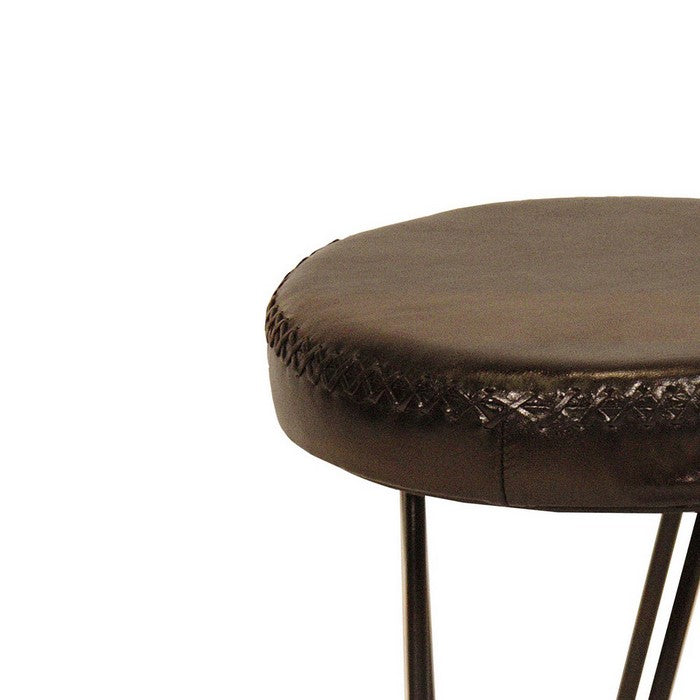 Leatherette Round Backless Stool with Hairpin Metal Legs, Brown