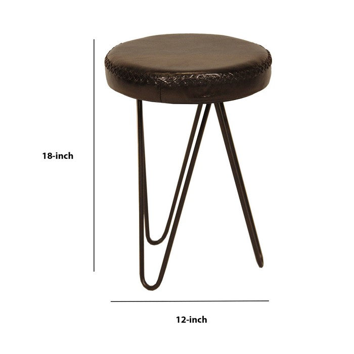 Leatherette Round Backless Stool with Hairpin Metal Legs, Brown