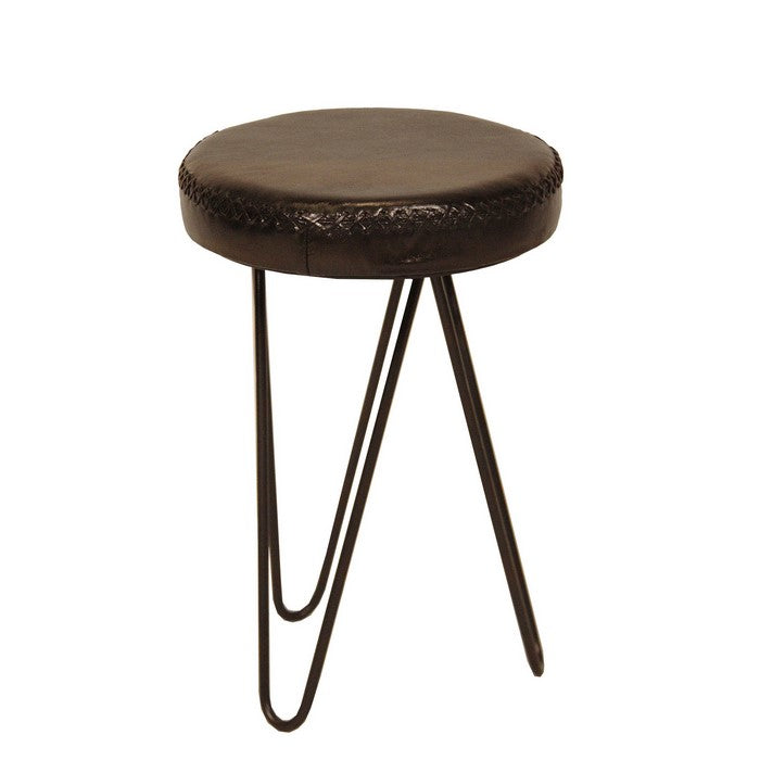 Leatherette Round Backless Stool with Hairpin Metal Legs, Brown