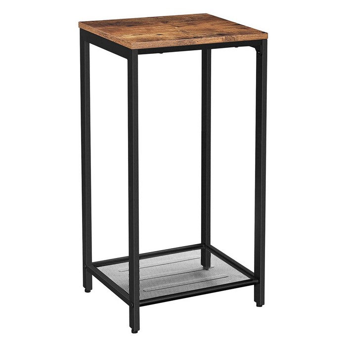 Wood and Metal Frame Side Table with Open Mesh Shelf, Brown and Black