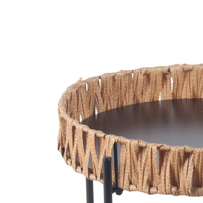 Round Accent Table with Tubular Legs and Cross Base, Small,Black and Brown