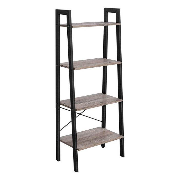 4 Tier Ladder Style Wood and Metal Frame Bookcase, Taupe Gray and Black