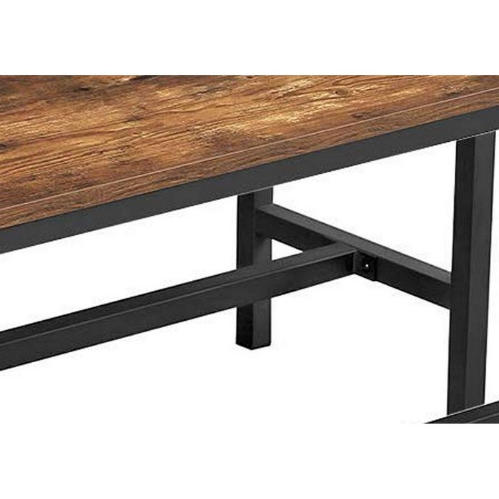Wooden Top Indoor Bench with Metal Legs, Set of 2, Rustic Brown and Black