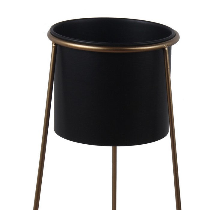 Metal Round Planter with Triangle Base, Set of 2, Black and Gold
