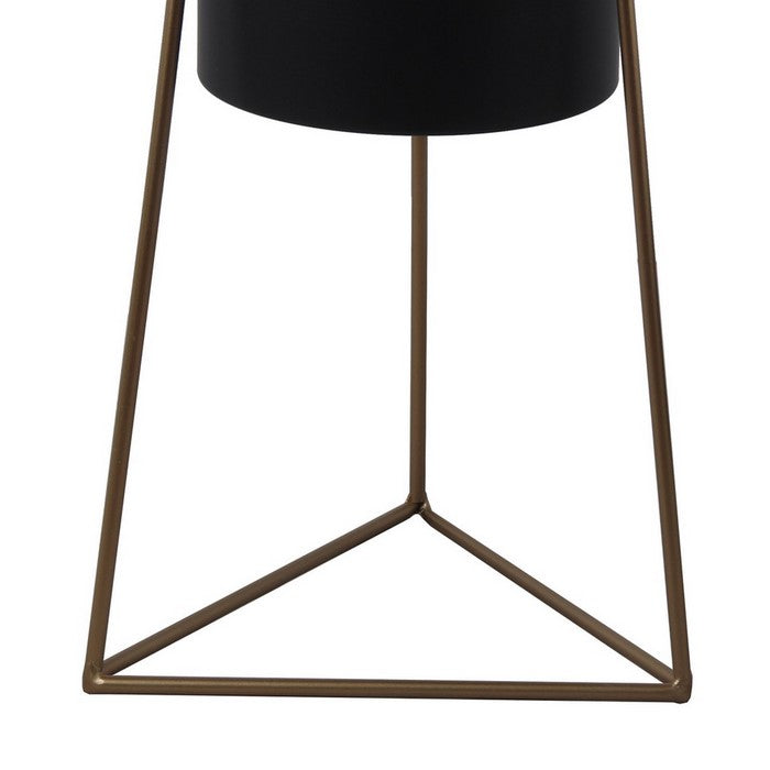 Metal Round Planter with Triangle Base, Set of 2, Black and Gold