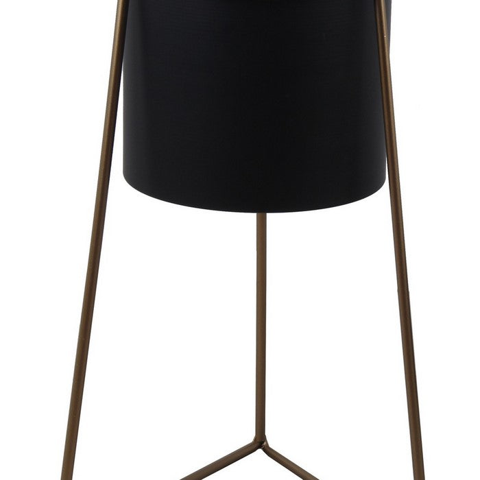 Metal Round Planter with Triangle Base, Set of 2, Black and Gold