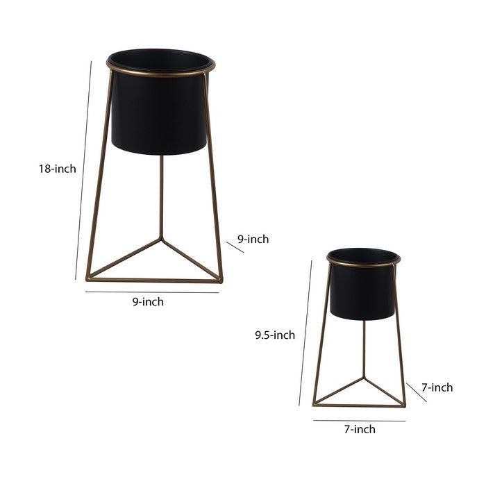 Metal Round Planter with Triangle Base, Set of 2, Black and Gold