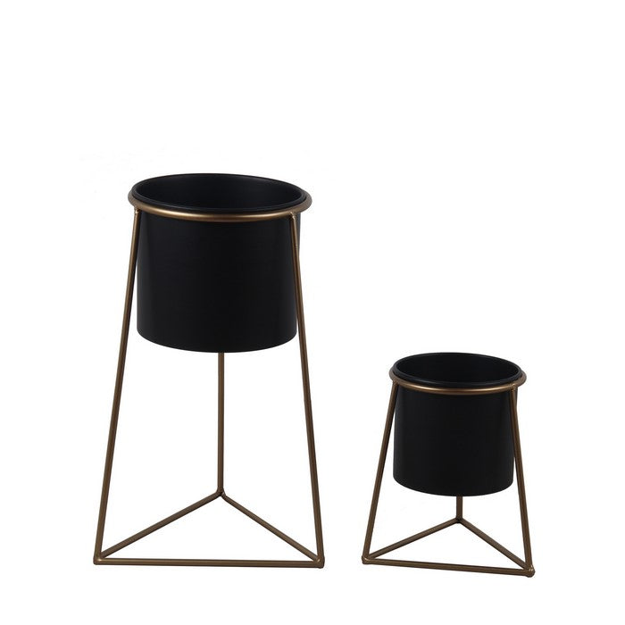 Metal Round Planter with Triangle Base, Set of 2, Black and Gold