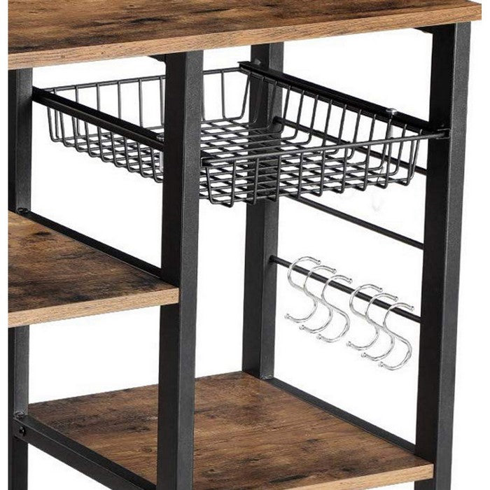 Wood and Metal Bakers Rack with 4 Shelves and Wire Basket, Brown and Black