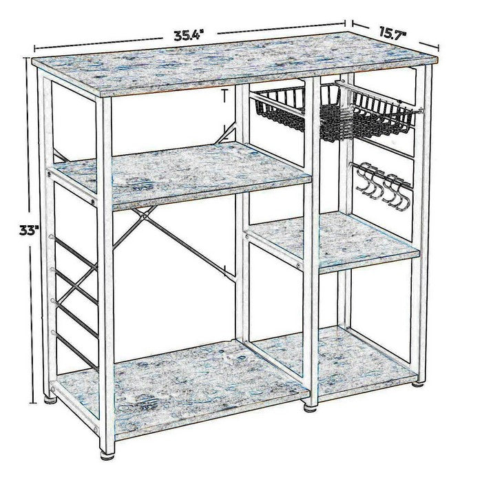 Wood and Metal Bakers Rack with 4 Shelves and Wire Basket, Brown and Black