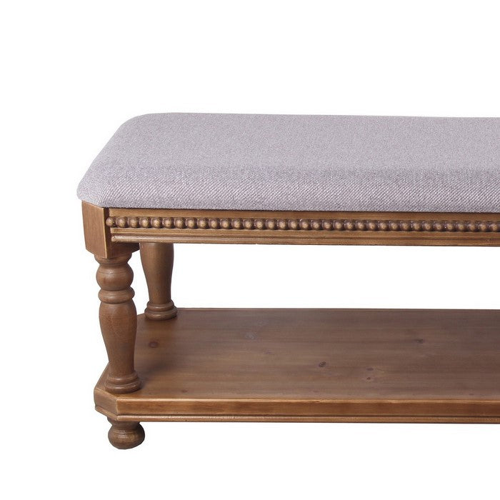 Rectangular Wooden Bench with Padded Seat and Turned Legs, Gray and Brown