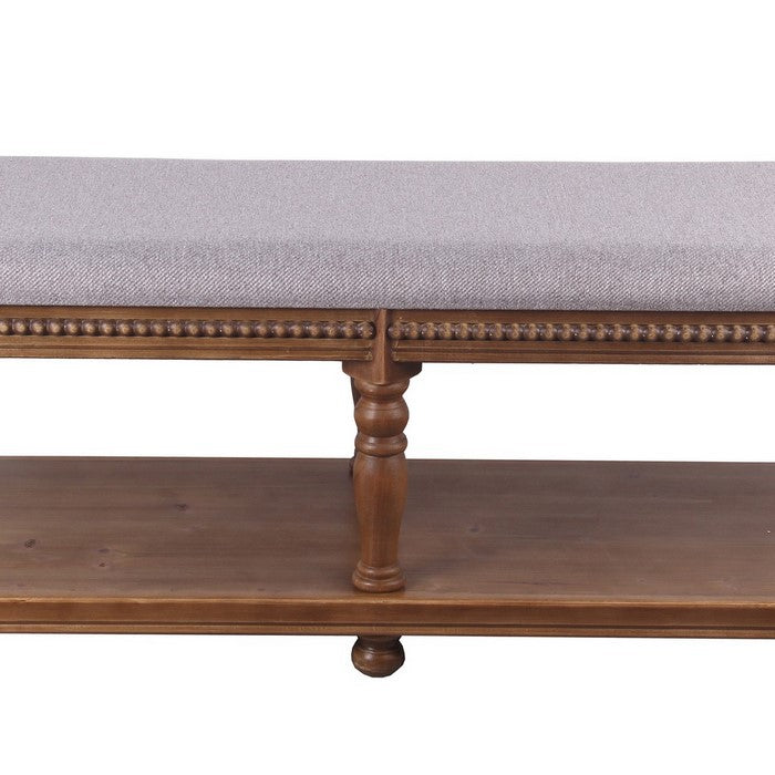 Rectangular Wooden Bench with Padded Seat and Turned Legs, Gray and Brown