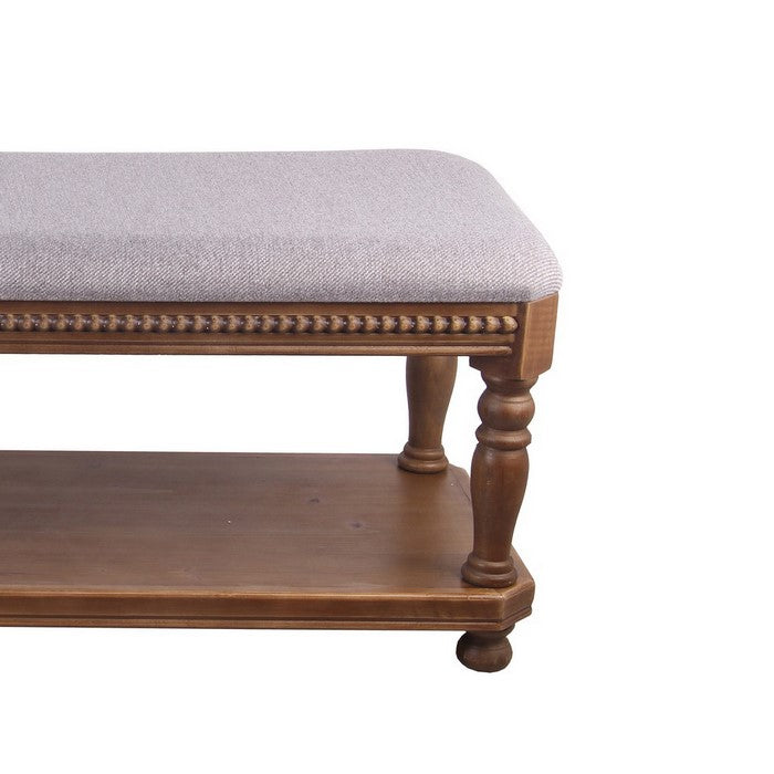 Rectangular Wooden Bench with Padded Seat and Turned Legs, Gray and Brown