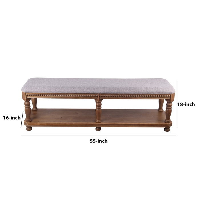 Rectangular Wooden Bench with Padded Seat and Turned Legs, Gray and Brown