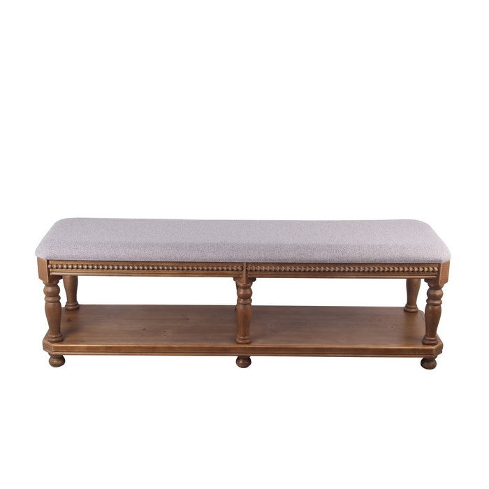 Rectangular Wooden Bench with Padded Seat and Turned Legs, Gray and Brown
