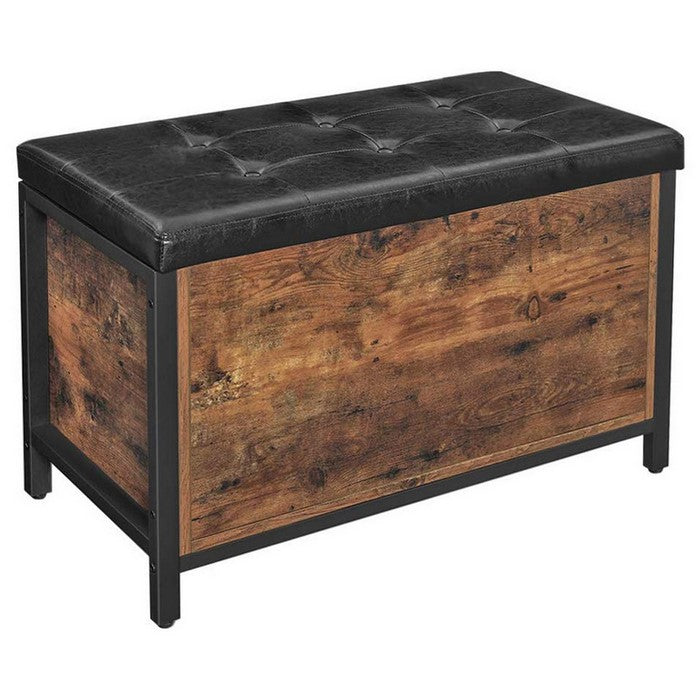 Button Tufted Leatherette Flip Top Storage Bench, Black and Brown