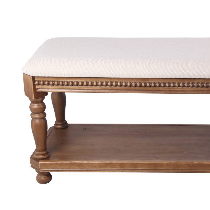 Rectangular Wooden Bench with Padded Seat and Turned Legs, White and Brown