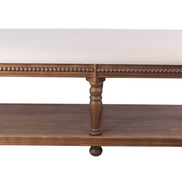 Rectangular Wooden Bench with Padded Seat and Turned Legs, White and Brown