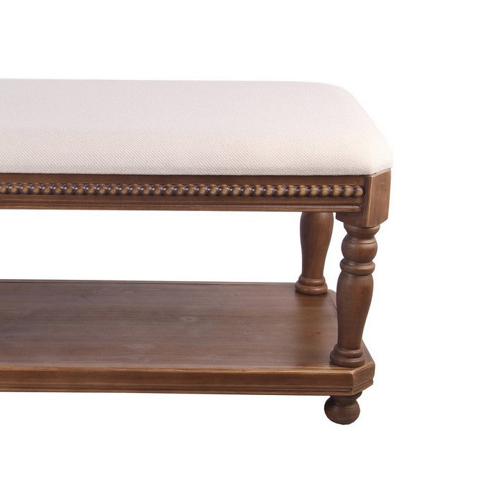 Rectangular Wooden Bench with Padded Seat and Turned Legs, White and Brown
