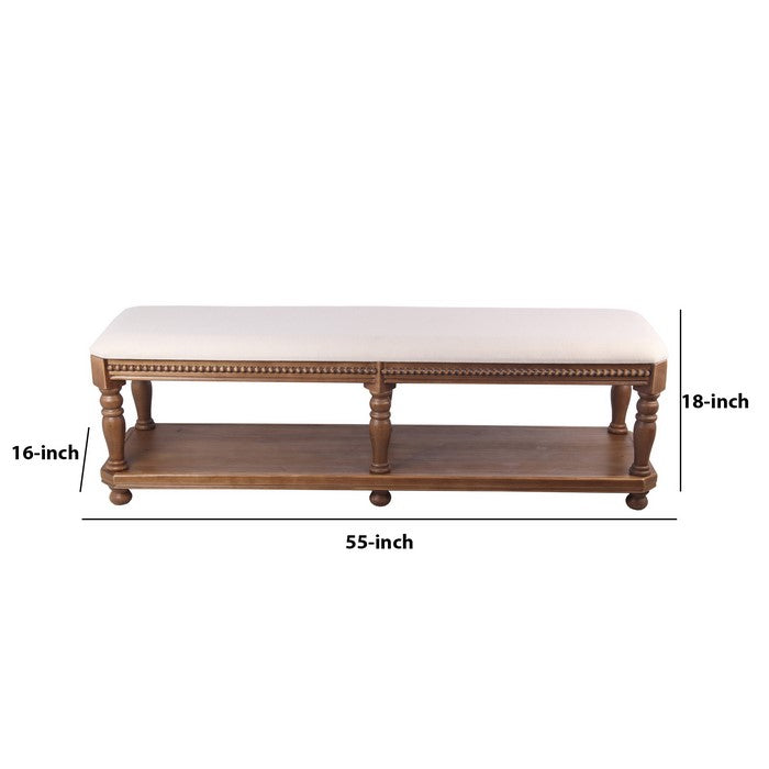 Rectangular Wooden Bench with Padded Seat and Turned Legs, White and Brown