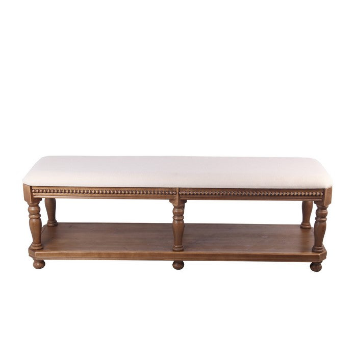 Rectangular Wooden Bench with Padded Seat and Turned Legs, White and Brown