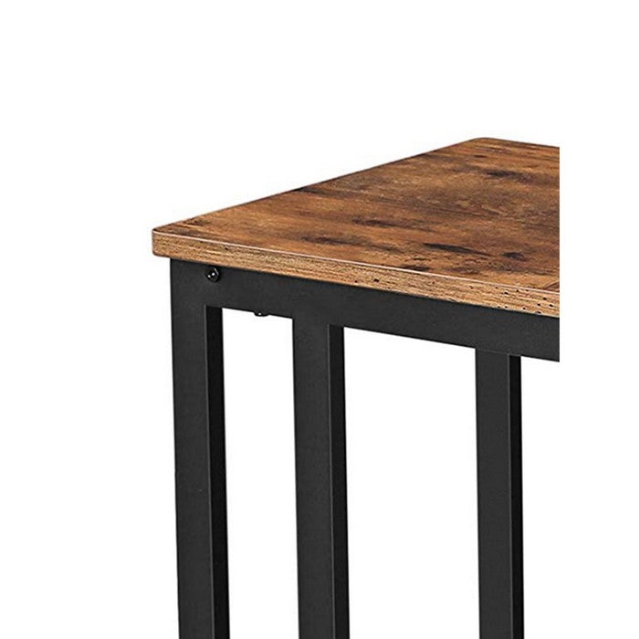 C Shaped Wood and Metal Side Table with Open Mesh Shelf, Brown and Black