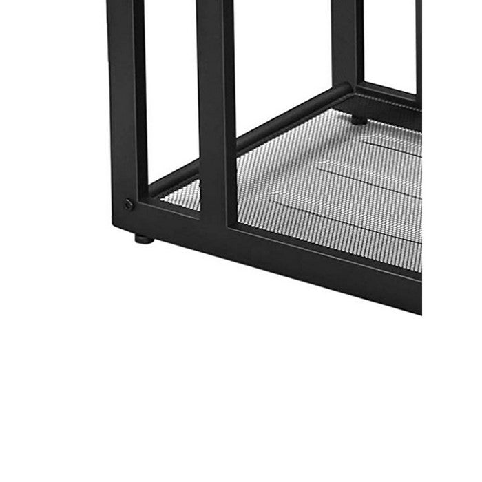 C Shaped Wood and Metal Side Table with Open Mesh Shelf, Brown and Black