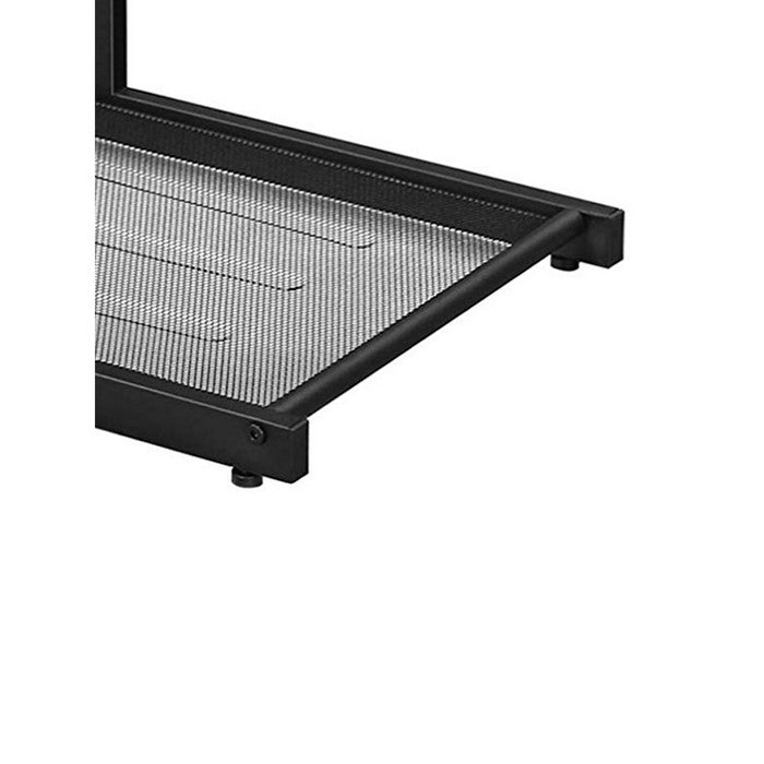 C Shaped Wood and Metal Side Table with Open Mesh Shelf, Brown and Black