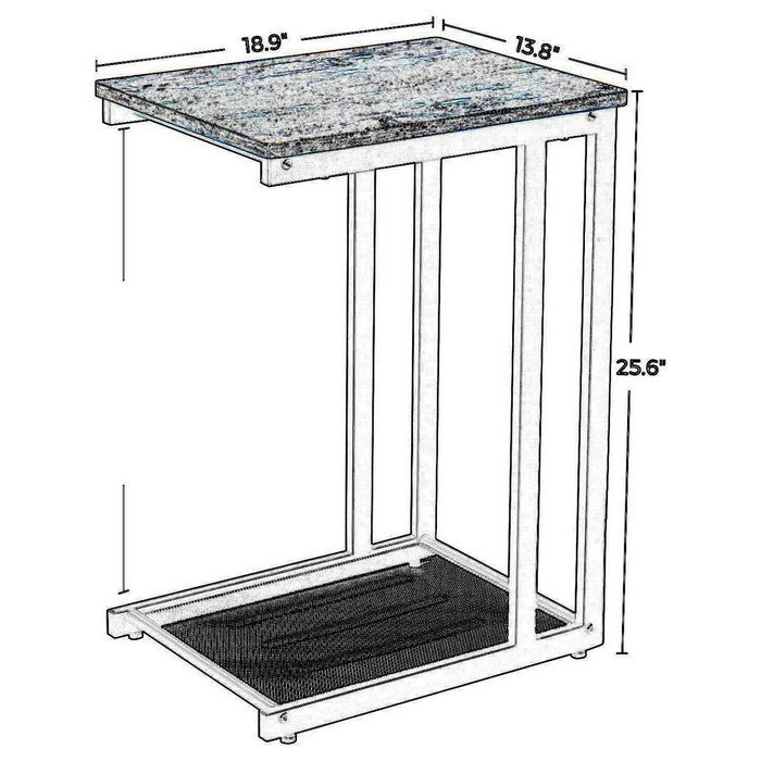 C Shaped Wood and Metal Side Table with Open Mesh Shelf, Brown and Black
