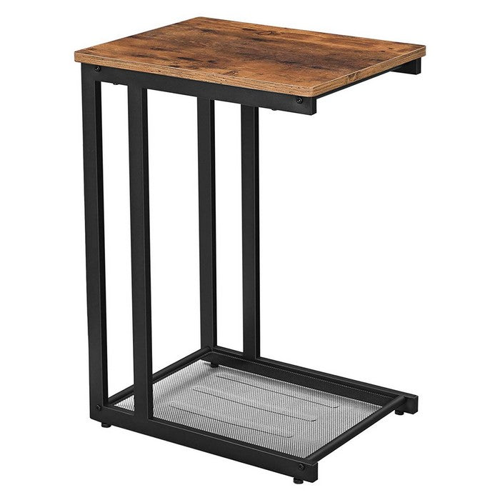 C Shaped Wood and Metal Side Table with Open Mesh Shelf, Brown and Black
