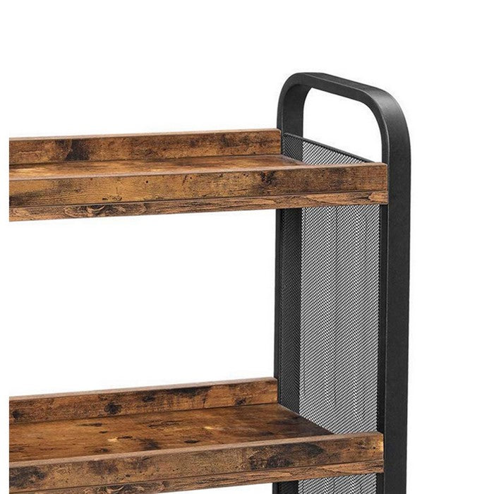 3 Tier Wood and Metal Kitchen Cart with Mesh Side Panel, Brown and Black