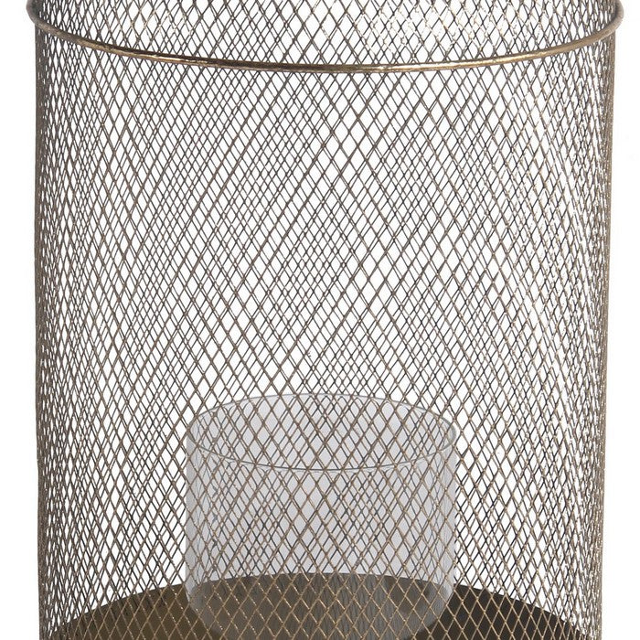 Wire Mesh Cylindrical Metal Lantern with Glass Hurricane,Large,Antique Gold